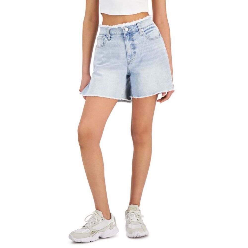 Tinseltown Juniors' High-Rise Distressed Mom Shorts